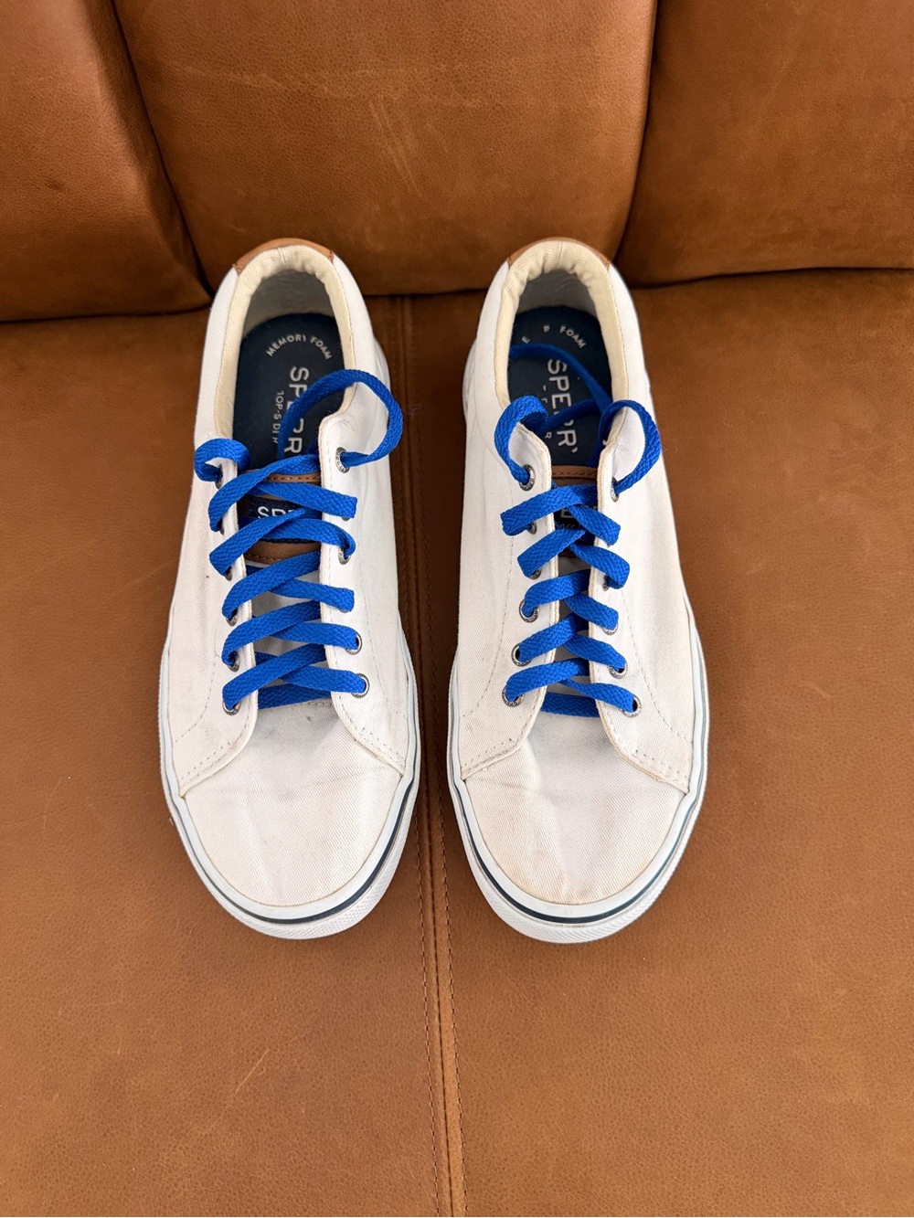 Sperry White Canvas Sneakers with Blue Laces
